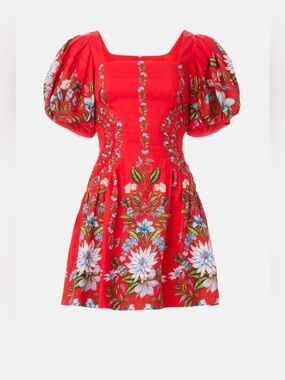 FARM Rio Red Floral Anthurium Leaves Dress Square Neckline Puff Sleeves